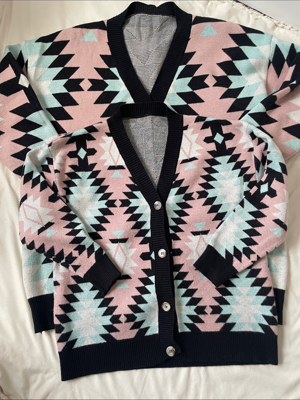 Mommy & Me Matching V-Neck Geometric Cardigan Sweater - Pink/Black